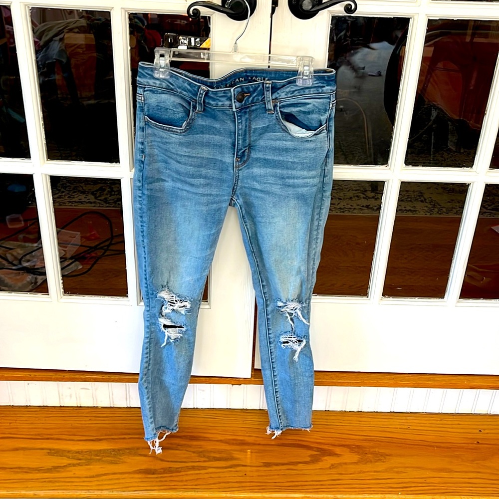 American Eagle mid rise cropped light wash destroyed skinny jean